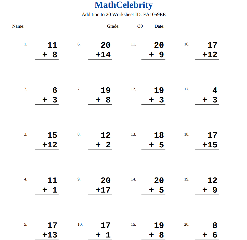 Addition to 20 Worksheets