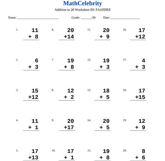 Addition to 20 Worksheets