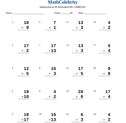 Subtraction to 20 Worksheets