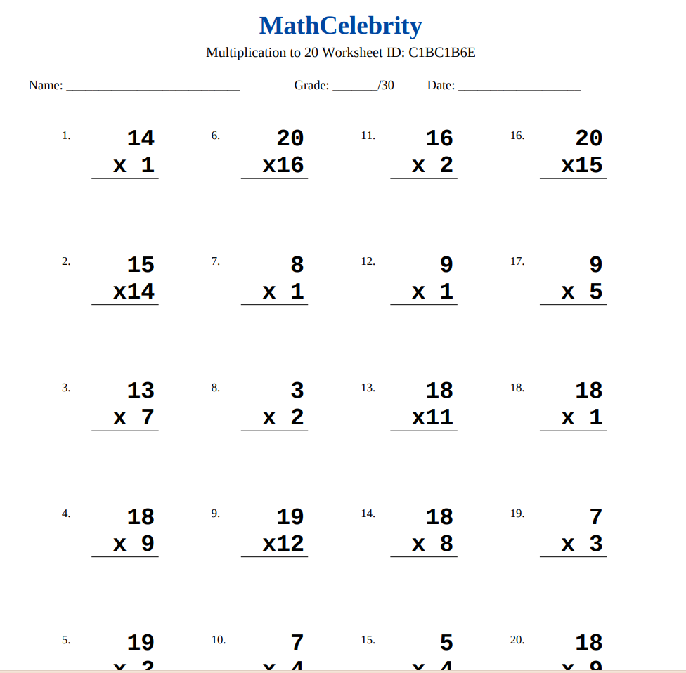 Multiplication to 20 Worksheets