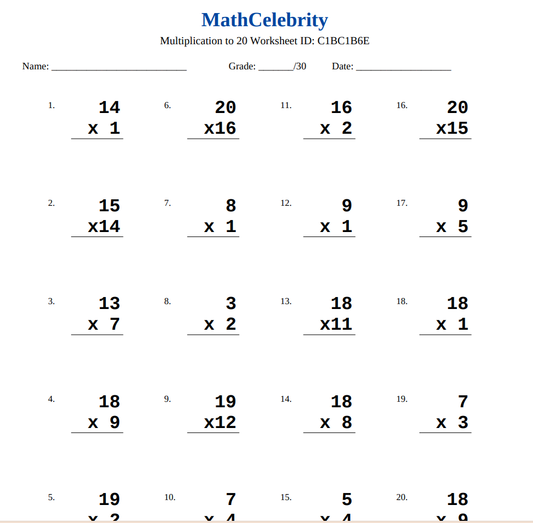 Multiplication to 20 Worksheets