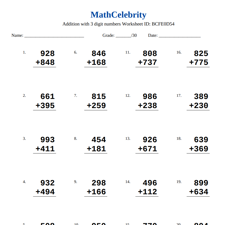 Addition of 3 Digit Numbers Worksheets - Math Celebrity