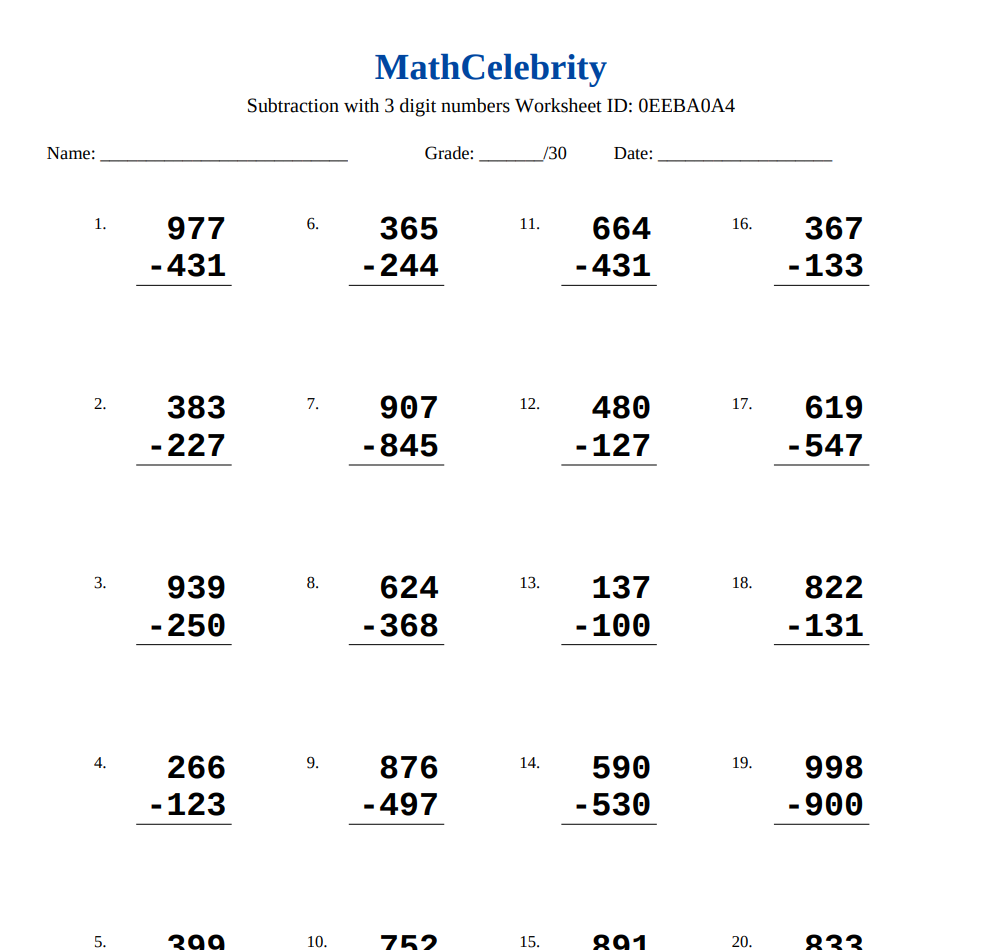 Subtraction of 3 Digit Numbers Worksheets - Math Celebrity