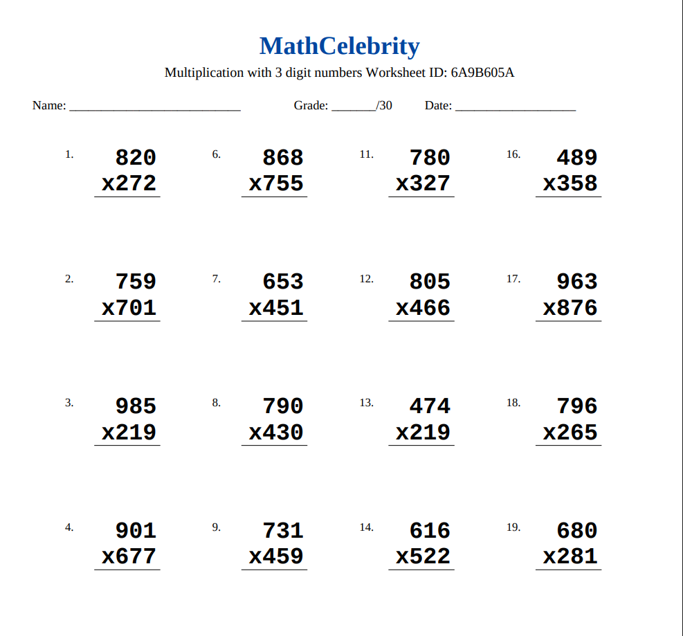 Multiplication of 3 Digit Numbers Worksheets