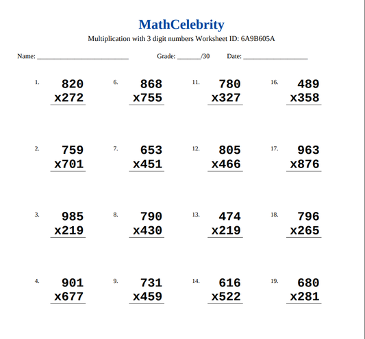 Multiplication of 3 Digit Numbers Worksheets