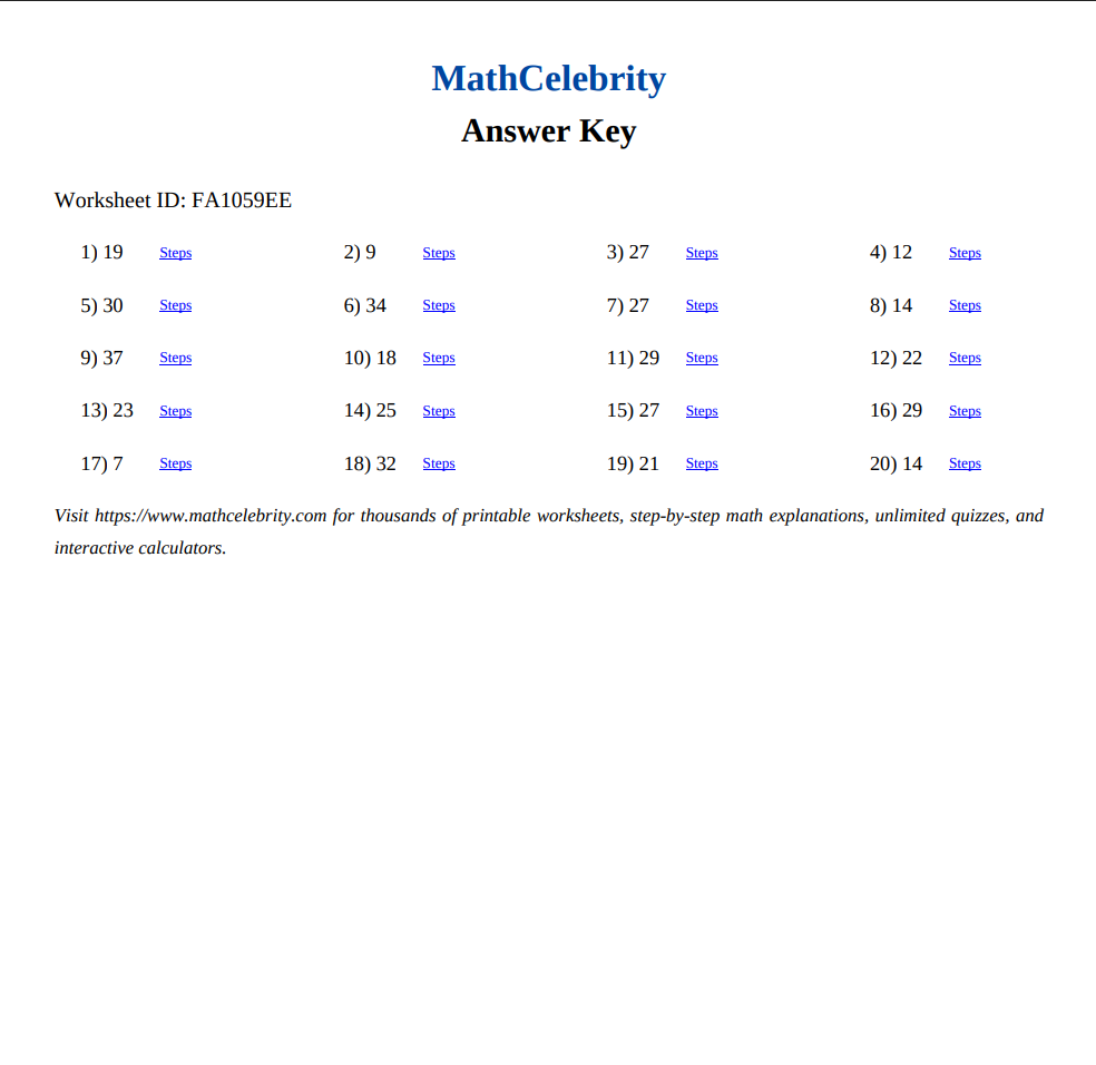Addition to 20 Worksheets