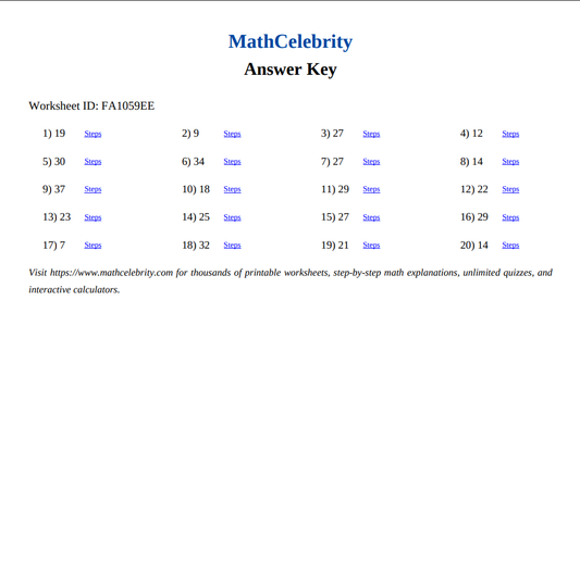 Addition to 20 Worksheets